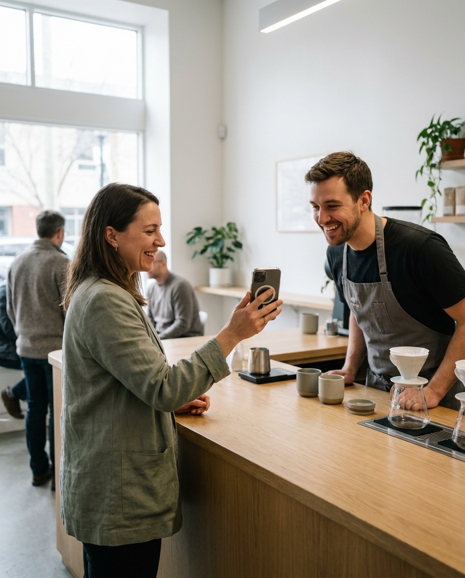 Gast zeigt der Barista im hellen Café sein Smartphone mit der Treuekarte